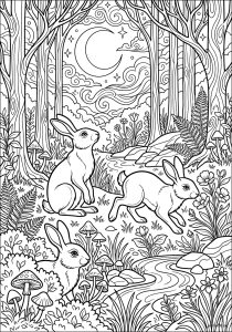 Lapins dans une forêt avec un ruisseau