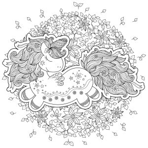 Coloriage licorne marrante et fond feuilles karpenyuk