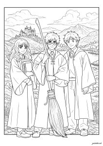 Harry, Hermione et Ron en tenue de sorcier