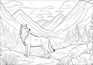 Coloriage loup montagne neige