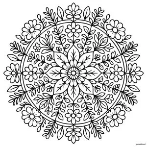 Mandala aux jolies fleurs. Un mandala centré déploie une corolle complexe de huit sections, où pétales et feuillages s'entrelacent en anneaux concentriques. Les contours nets et les motifs floraux s'adressent à un public adolescent en quête d'une composition équilibrée à détailler.