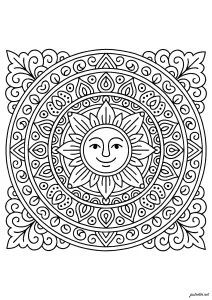 Mandala symétrique aux motifs entrelacés avec soleil au centre
