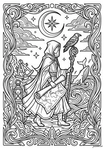 Personne en cape avec un bâton. Une personne en cape tenant un bâton avec un corbeau perché dessus, et un parchemin dans l'autre main.