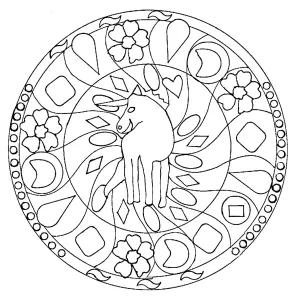 Mandala licorne, médaillon floral et motifs géométriques