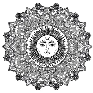 Soleil personnifié dans un mandala floral