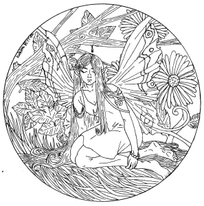Mandala avec une fée au centre aux ailes de papillon