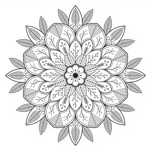 Coloriage mandala avec fleurs et feuilles