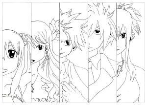 Portraits verticaux des cinq membres de Fairy Tail