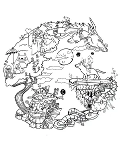 Coloriage d'une reproduction d'un fanart du studio Ghibli.