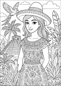 Ppyramide Maya de Chichén Itzá et jeune mexicaine. Cette illustration met en scène une jeune femme vêtue d'une tenue traditionnelle mexicaine, avec pyramide Maya et quetzal Ppyramide Maya De Chichén Itzá Et Jeune Mexicaine