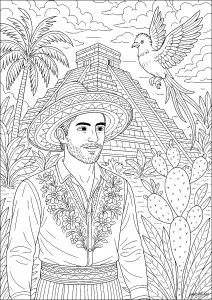Homme mexicain et pyramide de Chichén Itzá, monument emblématique du Mexique.. Coloriez également le quetzal (oiseau tropical coloré typique d’Amérique centrale) en train de voler et la végétation tropicale autour de la pyramide Homme Mexicain Et Pyramide Maya De Chichén Itzá, Monument Emblématique Du Mexique.