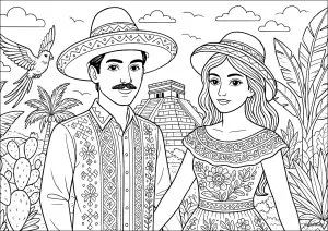 Jeunes mexicains et Pyramide Chichén Itzá. Cette illustration met en avant un couple traditionnel en vêtements typiques mexicains, avec un décor évoquant les vestiges de la civilisation maya. Jeunes Mexicains Et Pyramide Chichén Itzá