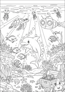 Aventure sous-marine avec un dauphin et un sous-marin. Cette illustration présente un dauphin souriant entouré de poissons colorés, d'une tortue, de coraux et d'un joli sous-marin. Aventure sous marine avec un dauphin et un sous marin
