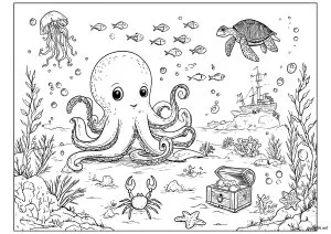 Pieuvre et trésor sous-marin. Cette illustration présente une pieuvre souriante entourée de créatures marines (crabe, tortue ...) et d'un trésor caché. Pieuvre et trésor sous marin