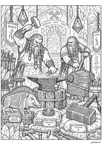 Deux forgerons fabriquant un objet en métal. Deux forgerons travaillent à la forge, entourés d'outils et d'un feu de cheminée. Un sanglier est présent à côté de l'enclume.