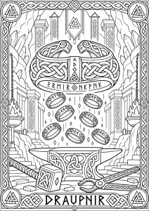 Bracelet viking avec des anneaux flottants. Un grand bracelet décoré repose au-dessus d'une enclume, accompagné d'anneaux flottants et de motifs nordiques.