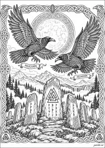 Deux corbeaux près de pierres runiques. Deux corbeaux volent au-dessus de pierres gravées de runes avec des montagnes en arrière-plan.