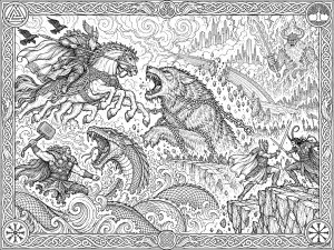 Dieux vikings et créatures en combat. Un dieu sur un cheval attaque un loup géant tandis qu'un autre guerrier affronte un serpent. Un guerrier volant brandit un marteau à proximité.