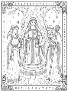 Les Nornes au puits d’Urd. Ce coloriage inspiré de la mythologie nordique représente les Nornes, les trois grandes figures du destin : Urd, Verdandi et Skuld. Réunies autour du puits d’Urd, au pied des racines d’Yggdrasil, elles filent et veillent sur le destin des hommes et des dieux, dans une scène empreinte de mystère et de sagesse.