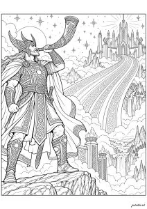 Heimdall sonnant le Gjallarhorn devant le Bifröst. Un coloriage inspiré de la mythologie nordique représentant Heimdall, gardien des dieux, soufflant dans son puissant cor Gjallarhorn. Devant lui s’étend le Bifröst, le pont arc-en-ciel reliant le monde des hommes à Asgard, demeure des dieux nordiques.