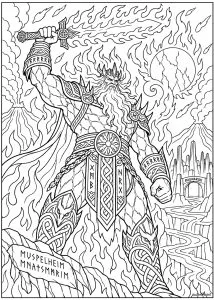 Guerrier avec épée de feu et montagnes. Un guerrier barbu tient une épée enflammée. Des montagnes et des volcans en arrière-plan.