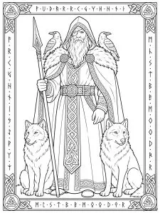 Odin - père des dieux dans la mythologie nordique. Odin - père des dieux dans la mythologie nordique Odin est la figure souveraine de la mythologie nordique, dieu de la sagesse, de la guerre, de la poésie et de la magie. On le retrouve ici entouré de ses deux corbeaux, Huginn et Muninn, ainsi que de ses deux loups, Geri et Freki, des compagnons emblématiques qui soulignent sa puissance et son lien avec le savoir.