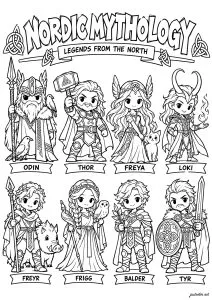 Personnages de la mythologie nordique. Des personnages légendaires comme Odin, Thor, Freya et Loki présentés en style chibi.