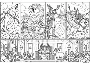 Grandes légendes de la mythologie nordique. Un coloriage inspiré de la mythologie nordique réunissant plusieurs de ses récits et figures emblématiques : le loup Fenrir, le serpent géant Jörmungandr affrontant Thor en mer, Heimdall veillant sur le pont Bifröst, une Valkyrie chevauchant dans les airs et le grand banquet des guerriers au Valhalla sous le regard d’Odin.