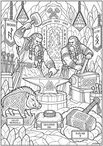 Nains forgerons dans une forge. Deux nains martèlent un métal chaud sur une enclume. Un sanglier se tient à côté avec des objets ornés.