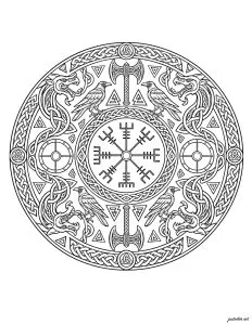 Symbole nordique avec corbeaux et haches. Un cercle avec des motifs nordiques, des corbeaux et des haches entrelacées.
