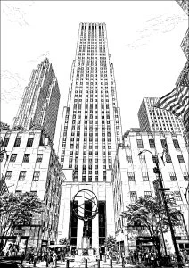 Le Rockefeller Center et les gratte-ciels de Midtown. Cette scène urbaine met en avant le Rockefeller Center, complexe emblématique de Midtown Manhattan, entouré de gratte-ciels iconiques de New York. Symbole de l’architecture Art déco et de l’effervescence urbaine, ce lieu mythique incarne l’élégance, la verticalité et l’énergie de la ville, au cœur de l’un de ses quartiers les plus célèbres.