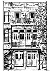 Façade urbaine et vélo ancien. Double porte d’entrée typique des quartiers résidentiels de Brooklyn Heights, sur un bâtiment en pierre de style brownstone, avec balcon et vélo ancien posé devant la façade. Un arbre feuillu sur le côté droit vient adoucir et embellir cette scène urbaine emblématique de Brooklyn.