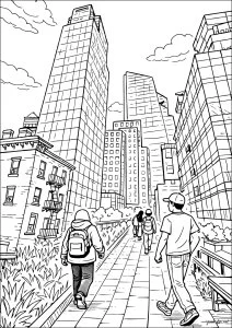 Promenade sur la High Line à New York. Scène représentant la High Line, parc suspendu emblématique de New York aménagé sur une ancienne voie ferrée industrielle datant des années 1930. Longue d’environ 2,3 kilomètres, cette promenade aérienne traverse les quartiers de Meatpacking District, Chelsea et Hudson Yards, offrant un point de vue unique sur l’architecture contemporaine et l’Hudson River. Les promeneurs avancent le long de ce parcours végétalisé où nature, histoire urbaine et design moderne se mêlent harmonieusement au cœur de Manhattan.