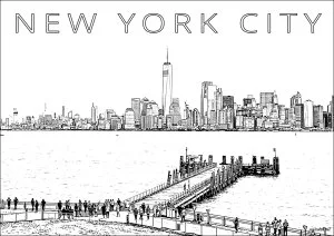 Panorama urbain surplombant Manhattan. Magnifique vue depuis Liberty Island (la petite île où se trouve la Statue de la Liberté), avec la silhouette des gratte-ciel de la pointe de l'île de Manhattan se dessinant à l’horizon. Ce coloriage est créé à partir d'une photo prise depuis le pedestal de la Statue de la Liberté, construit sur l'ancienne forteresse Fort Wood.