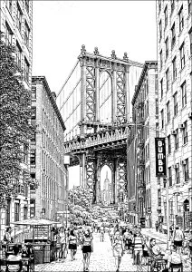 Le Manhattan Bridge depuis DUMBO, Brooklyn. Cette vue emblématique met en scène le Manhattan Bridge, aperçu depuis le quartier de DUMBO (Down Under the Manhattan Bridge Overpass) à Brooklyn. Encadré par les immeubles de briques typiques et ouvrant la perspective sur Manhattan, ce paysage urbain iconique illustre le charme industriel et l’atmosphère unique de New York, où architecture, histoire et modernité se rencontrent.