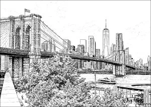 Le pont de Brooklyn et les gratte-ciels de Manhattan. Cette vue met en scène le célèbre pont de Brooklyn, l’un des symboles les plus emblématiques de New York, reliant Brooklyn à Manhattan. En arrière-plan se dressent les gratte-ciels de Lower Manhattan, dont la tour One World Trade Center, reconnaissable à sa silhouette élancée. L’ensemble illustre la rencontre entre l’ingénierie historique et l’architecture moderne au cœur de la ville.