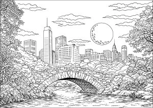 Pont de pierre à Central Park sous la lune urbaine. Pont en pierre traversant une rivière au cœur de Central Park, avec une vue lointaine sur la silhouette urbaine de Manhattan. Les arbres luxuriants encadrent la scène et renforcent l’atmosphère paisible de ce lieu emblématique de New York.