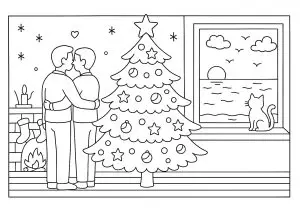 Couple enlacé près du sapin de Noël