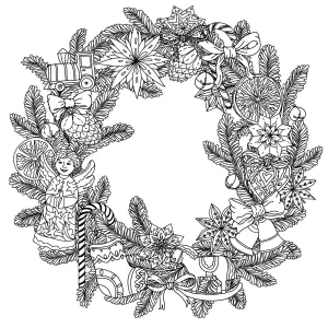 Couronne festive aux jouets et décorations traditionnelles