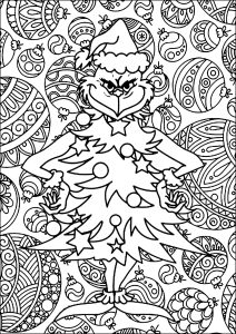 Coloriage grinch fond boules noel