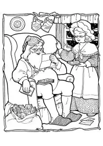 Coloriage très Vintage avec le Père Noël et la Mère Noël