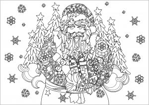 Coloriage pere noel avec cadeaux et sapins