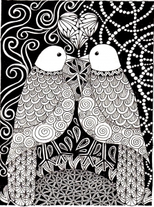 Coloriage adulte animaux peruches amour 3