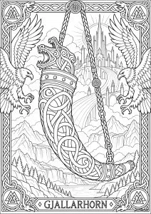 Cor ornemente entre deux aigles. Un cor sculpté suspendu entre deux aigles avec une forteresse en arrière-plan.