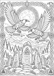 Deux corbeaux volant devant la pleine lune. Deux corbeaux sont en vol dans le ciel, devant une pleine lune, avec des montagnes et des stèles en dessous. Des motifs celtiques ornent le cadre.