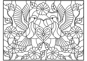 Coloriage deux oiseaux coeurs vitrail zagory