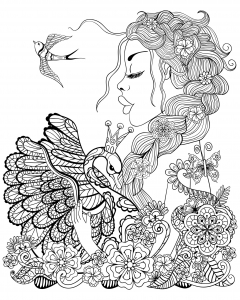 Coloriage femme cygne et oiseau