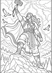 Homme avec un marteau sur un rocher. Un homme debout sur un rocher tient un marteau en l'air. Des oiseaux volent autour de lui et des montagnes se trouvent en arrière-plan.
