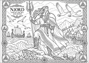 Homme barbu avec un trident sur la mer. Un homme barbu tient un trident sur un rocher, des bateaux et des oiseaux autour de lui.