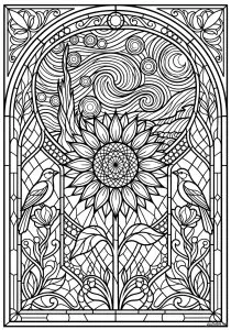Vitrail Tournesol et Oiseaux Inspiré de Van Gogh. Un vitrail élégant mettant en scène un tournesol stylisé entouré de deux oiseaux symétriques, dans un esprit tourbillonnant inspiré de La Nuit étoilée. Les motifs géométriques et floraux Art Nouveau offrent de larges zones à colorier pour un moment créatif et relaxant.